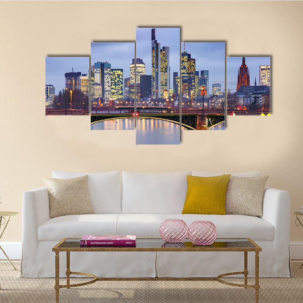 View Of Frankfurt With Reflection In River Canvas Wall Art-5 Star-Gallery Wrap-62" x 32"-Tiaracle