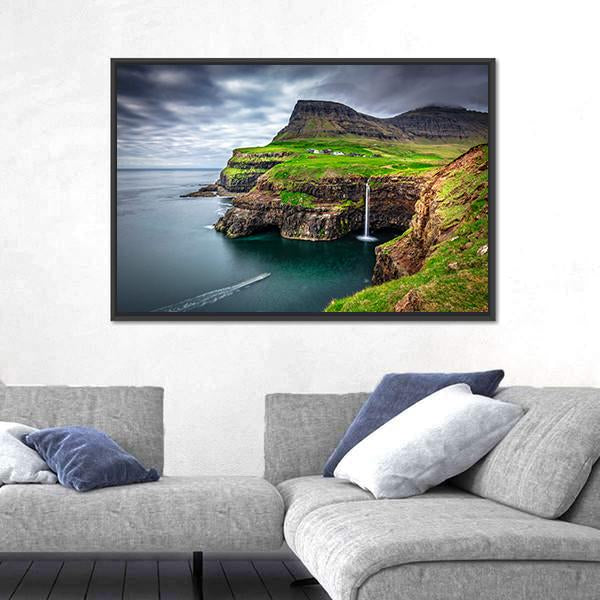 View Of Gasadalur Waterfall In Faroe Island Canvas Wall Art-3 Horizontal-Gallery Wrap-25" x 16"-Tiaracle
