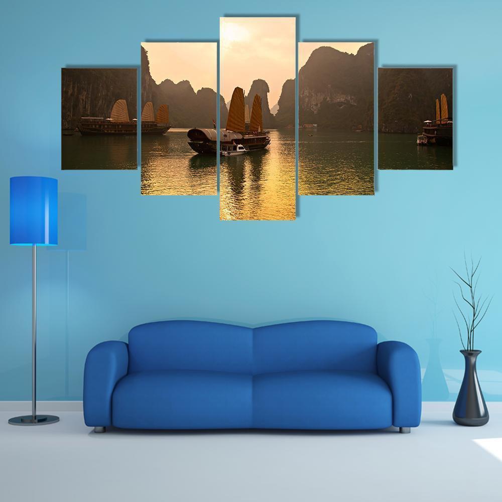 View of Ha Long Bay In Vietnam Canvas Wall Art-5 Star-Gallery Wrap-62" x 32"-Tiaracle