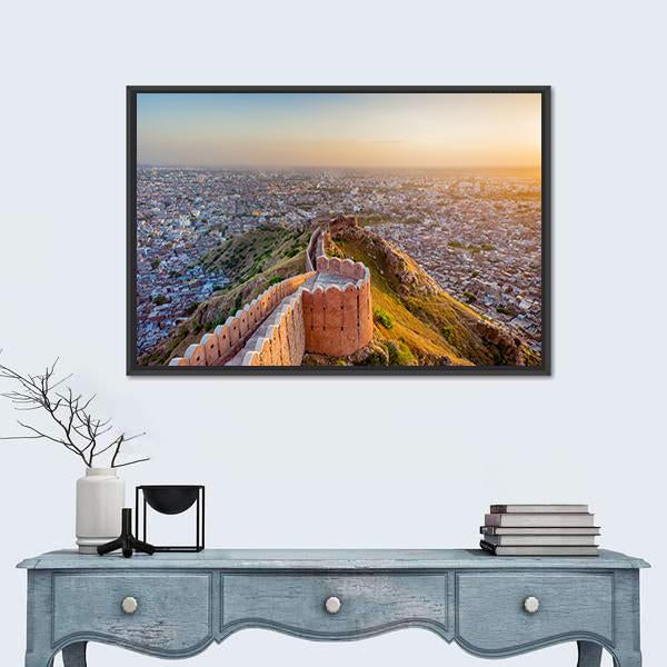 View Of Jaipur From Nahargarh Fort At Sunset Canvas Wall Art-1 Piece-Floating Frame-24" x 16"-Tiaracle