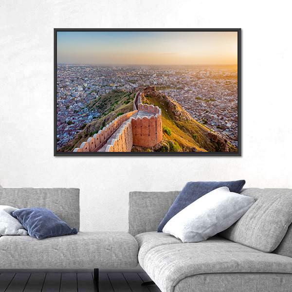 View Of Jaipur From Nahargarh Fort At Sunset Canvas Wall Art-3 Horizontal-Gallery Wrap-25" x 16"-Tiaracle