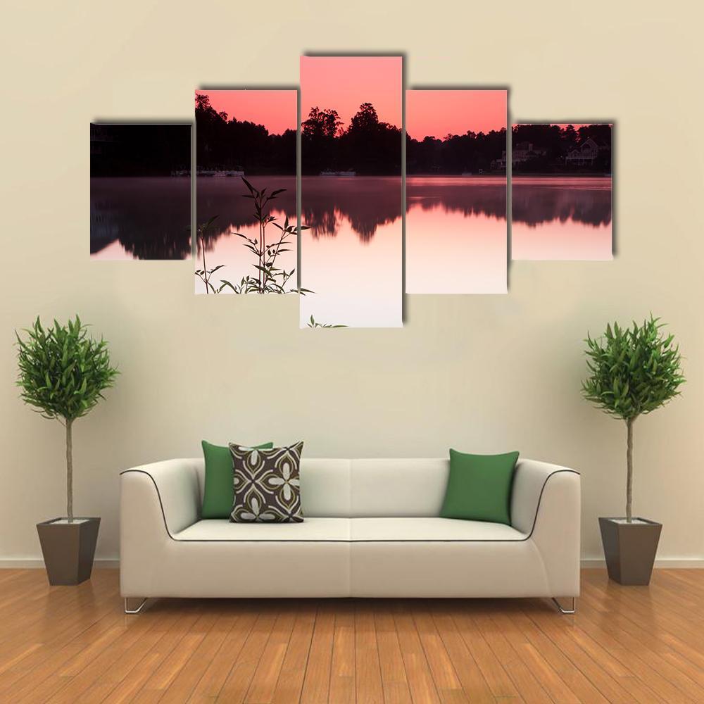 View Of Lake And Houses During Sunrise Canvas Wall Art-5 Star-Gallery Wrap-62" x 32"-Tiaracle