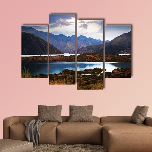 View Of Lake Near Andes mountains Canvas Wall Art-4 Pop-Gallery Wrap-50" x 32"-Tiaracle