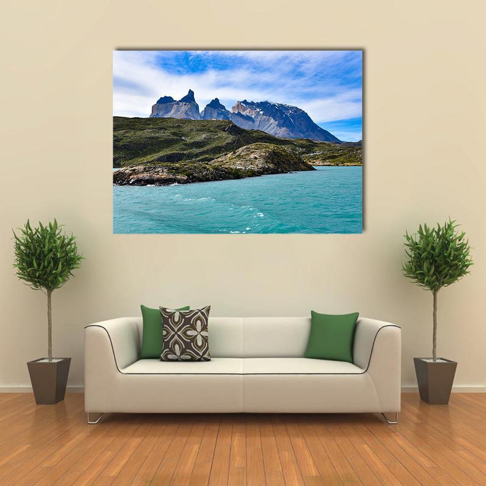 View Of Lake Pehoe Canvas Wall Art-1 Piece-Gallery Wrap-36" x 24"-Tiaracle