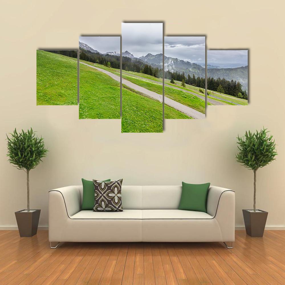View Of Mountains With Fields And Forest Canvas Wall Art-5 Star-Gallery Wrap-62" x 32"-Tiaracle