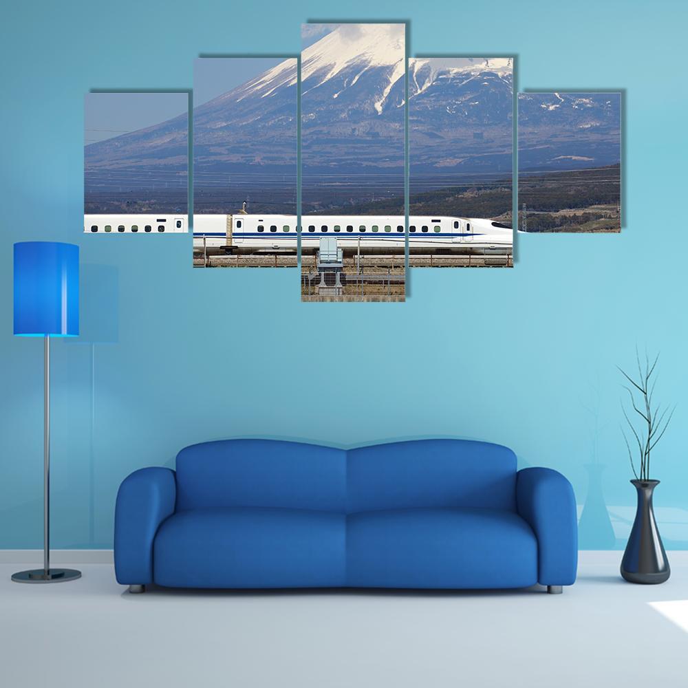 View Of Mt Fuji And Tokaido Shinkansen Canvas Wall Art-5 Star-Gallery Wrap-62" x 32"-Tiaracle