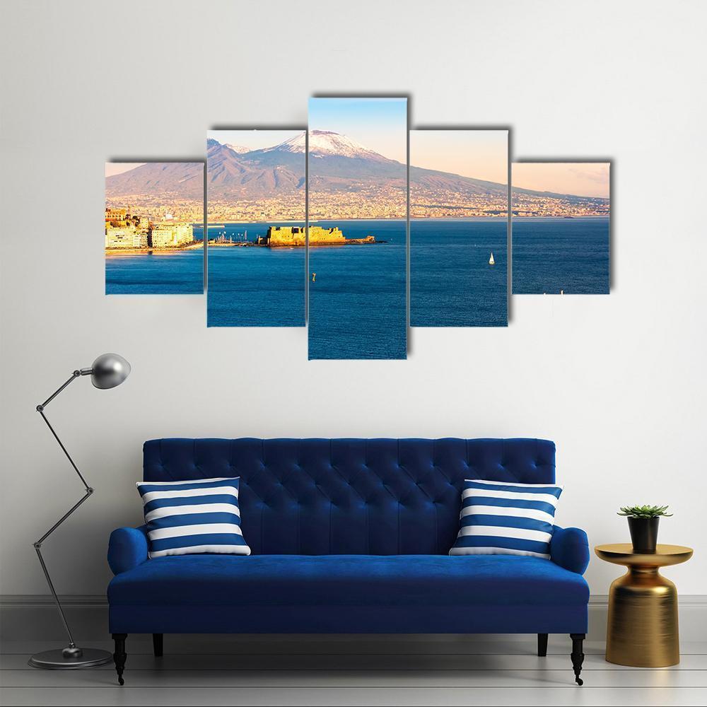 View Of Naples With Vesuvius Volcano Canvas Wall Art-5 Star-Gallery Wrap-62" x 32"-Tiaracle