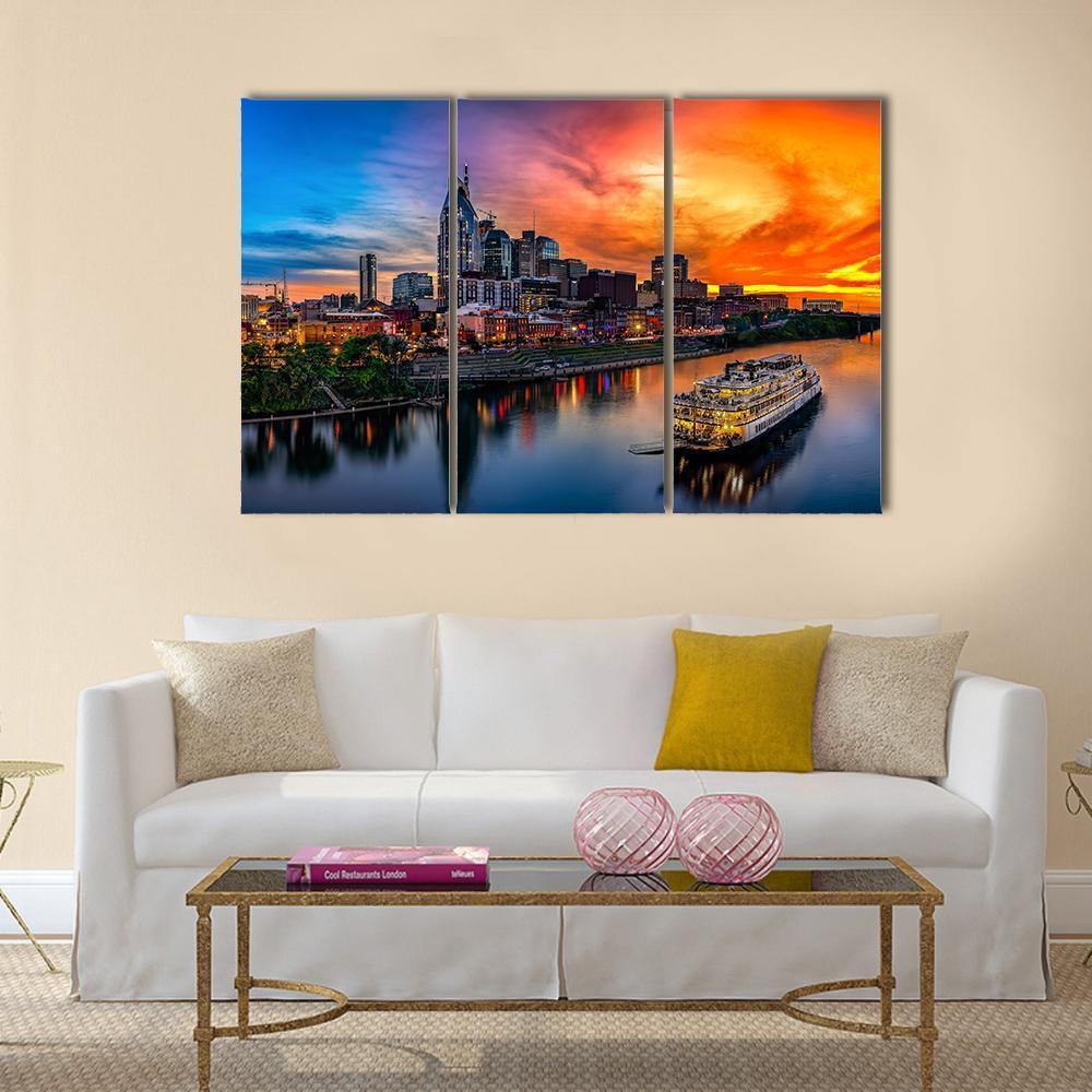 Nashville Skyline & Sunset Canvas Wall Art-3 Horizontal-Gallery Wrap-37" x 24"-Tiaracle