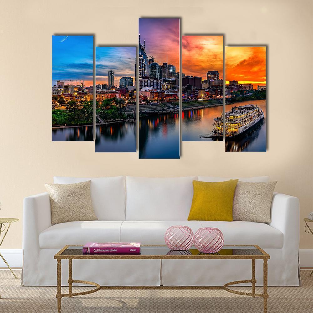 Nashville Skyline & Sunset Canvas Wall Art-5 Pop-Gallery Wrap-47" x 32"-Tiaracle