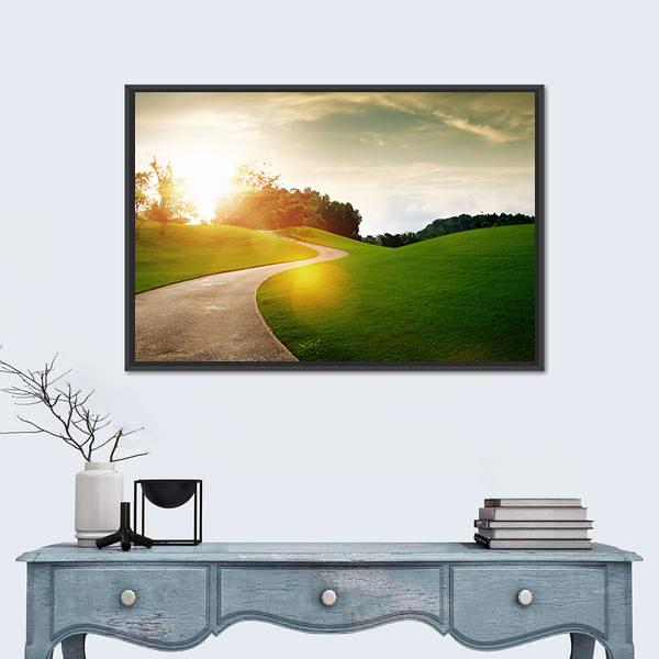 View Of Nice Green Hill And Path During Sunset Canvas Wall Art-1 Piece-Floating Frame-24" x 16"-Tiaracle
