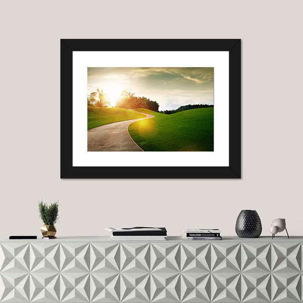 View Of Nice Green Hill And Path During Sunset Canvas Wall Art-1 Piece-Framed Print-20" x 16"-Tiaracle