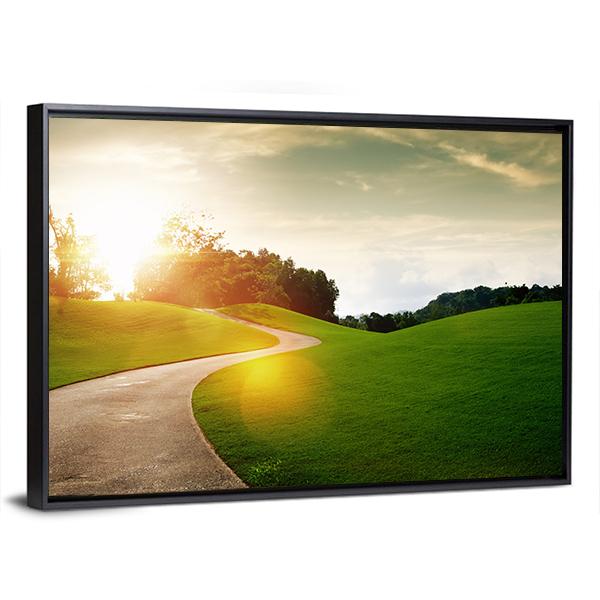 View Of Nice Green Hill And Path During Sunset Canvas Wall Art-3 Horizontal-Gallery Wrap-25" x 16"-Tiaracle