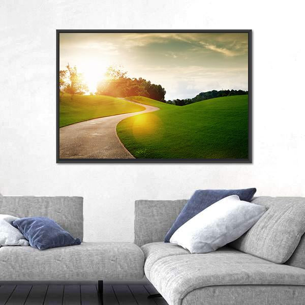 View Of Nice Green Hill And Path During Sunset Canvas Wall Art-3 Horizontal-Gallery Wrap-25" x 16"-Tiaracle