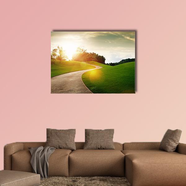 View Of Nice Green Hill And Path During Sunset Canvas Wall Art-1 Piece-Gallery Wrap-48" x 32"-Tiaracle