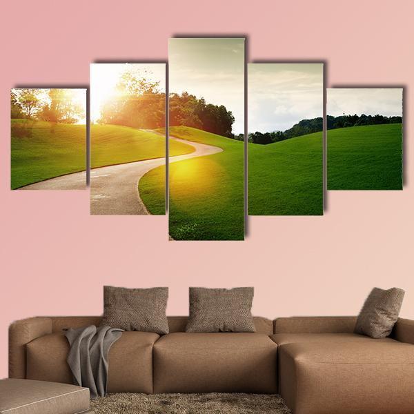 View Of Nice Green Hill And Path During Sunset Canvas Wall Art-5 Star-Gallery Wrap-62" x 32"-Tiaracle