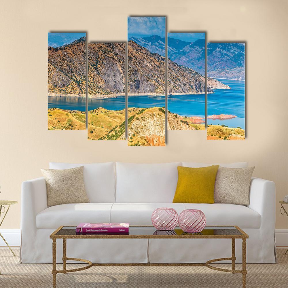 View Of Nurek Reservoir In Tajikistan Canvas Wall Art-5 Pop-Gallery Wrap-47" x 32"-Tiaracle