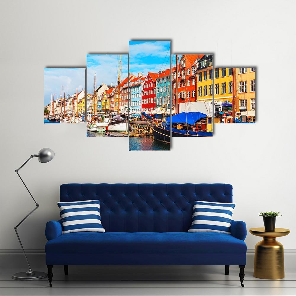 View Of Nyhavn Pier With Buildings And Ships Canvas Wall Art-5 Star-Gallery Wrap-62" x 32"-Tiaracle