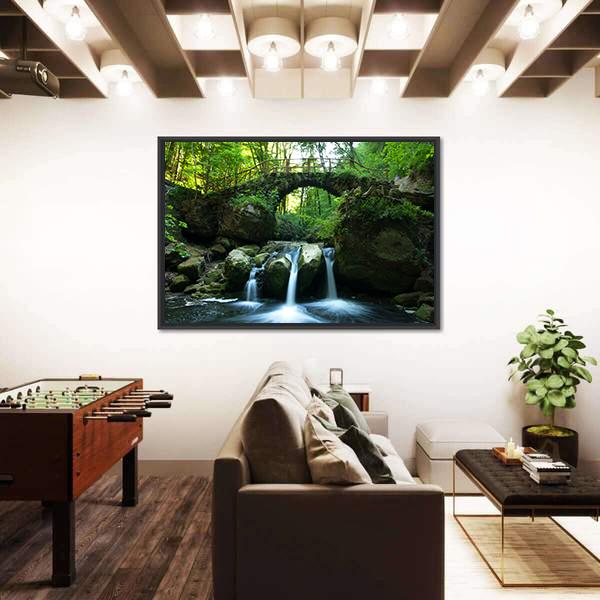View Of Old Bridge And Waterfall Canvas Wall Art-3 Horizontal-Gallery Wrap-25" x 16"-Tiaracle