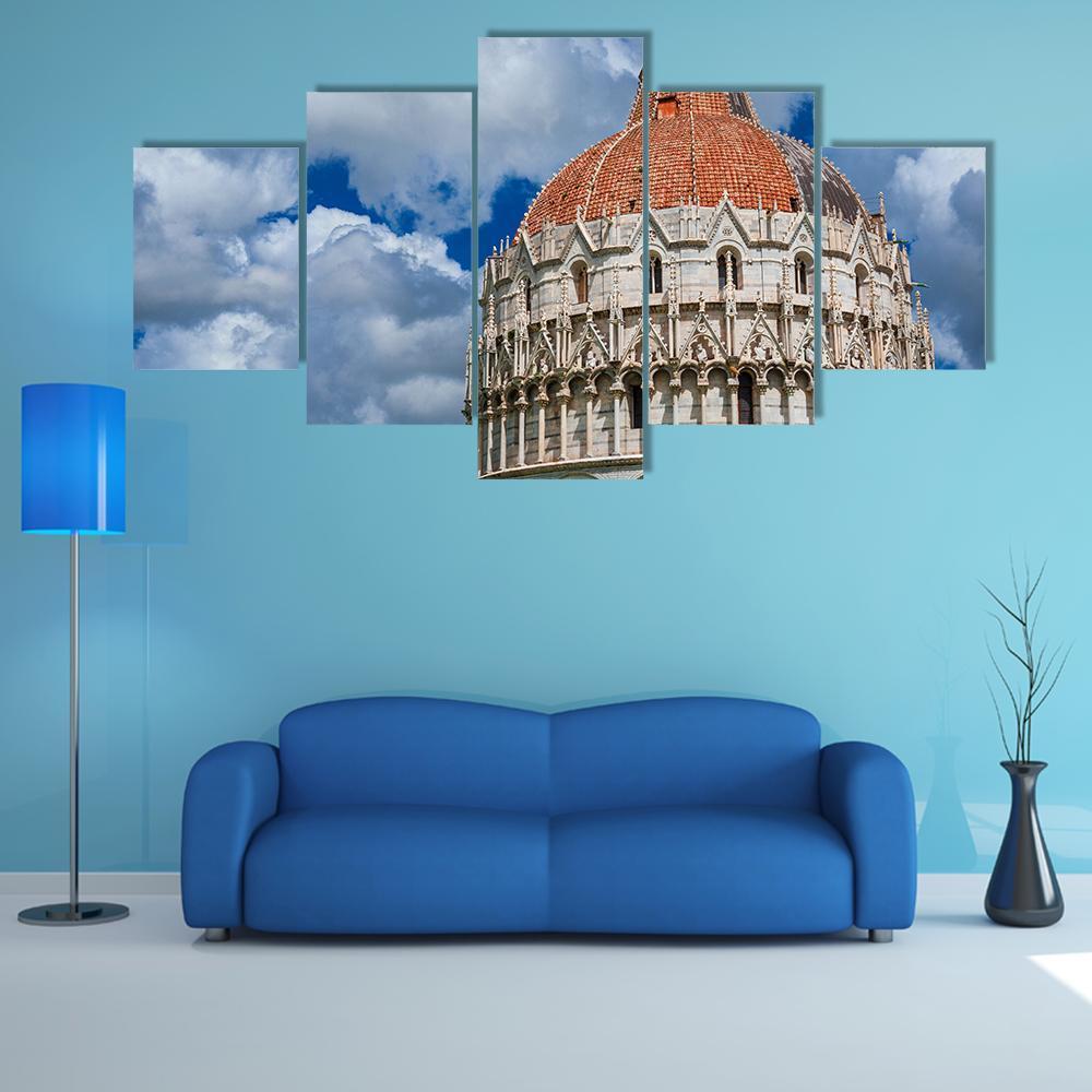 View Of Pisa Baptistry Gothic Medieval Dome Among Clouds Canvas Wall Art-5 Star-Gallery Wrap-62" x 32"-Tiaracle