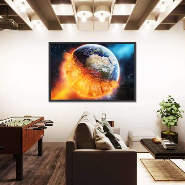 View Of Planet Earth Burning In Space Canvas Wall Art-3 Horizontal-Gallery Wrap-25" x 16"-Tiaracle
