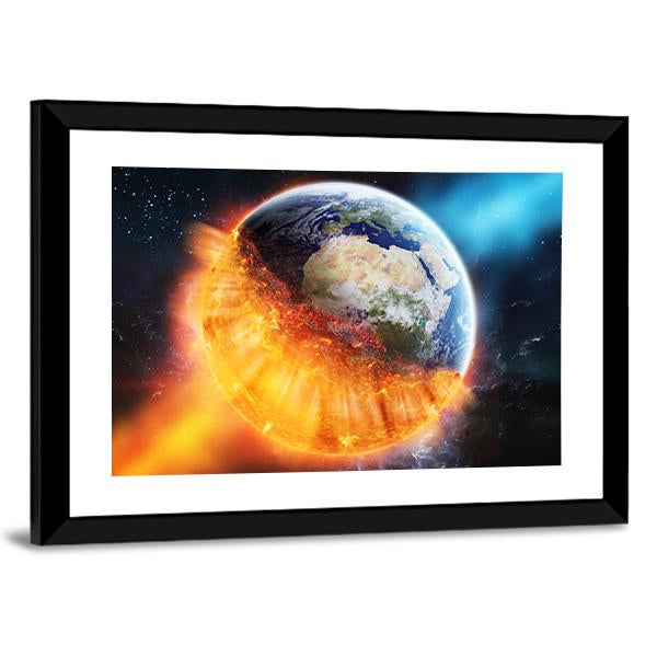 View Of Planet Earth Burning In Space Canvas Wall Art-3 Horizontal-Gallery Wrap-25" x 16"-Tiaracle