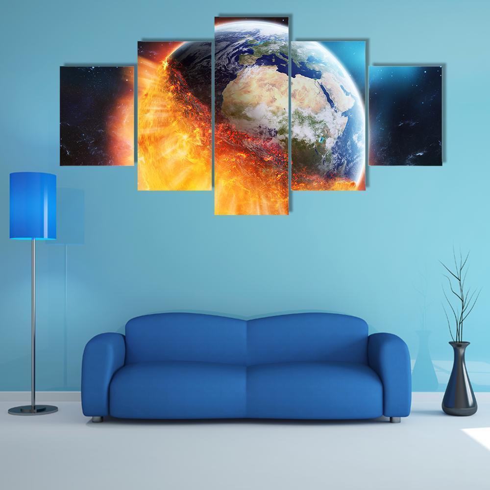 View Of Planet Earth Burning In Space Canvas Wall Art-5 Star-Gallery Wrap-62" x 32"-Tiaracle