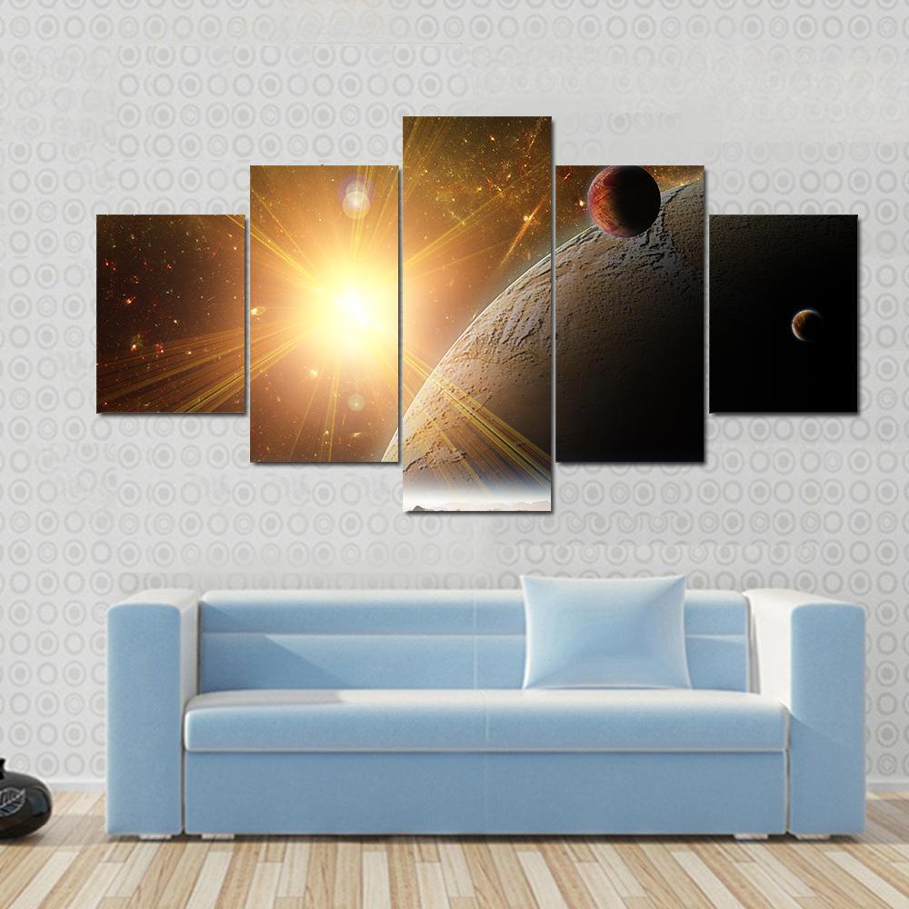 View Of Planet Moons And Universe Canvas Wall Art-5 Star-Gallery Wrap-62" x 32"-Tiaracle