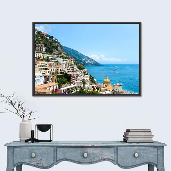 View Of Positano Town On The Amalfi Coast Canvas Wall Art-1 Piece-Floating Frame-24" x 16"-Tiaracle