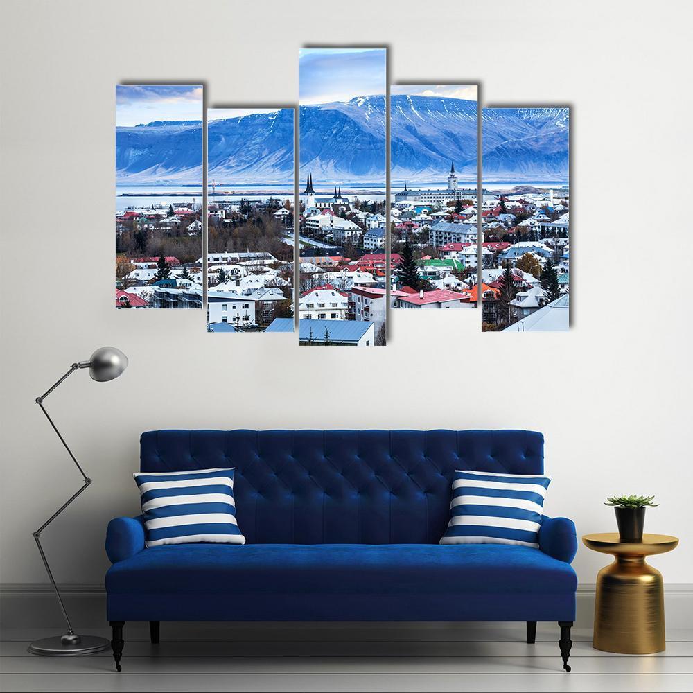 View Of Reykjavik City InIceland Canvas Wall Art-5 Pop-Gallery Wrap-47" x 32"-Tiaracle