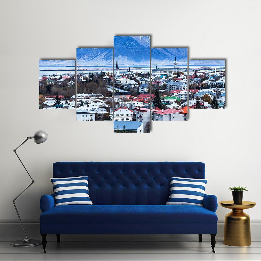 View Of Reykjavik City InIceland Canvas Wall Art-5 Star-Gallery Wrap-62" x 32"-Tiaracle
