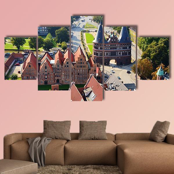 View Of Salzspeicher And Holstentor Gate In Lubeck Canvas Wall Art-5 Star-Gallery Wrap-62" x 32"-Tiaracle