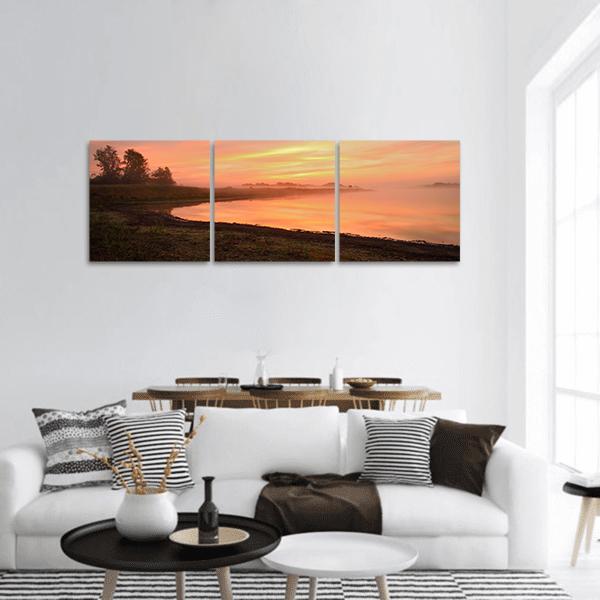 View Of Scenic Lake At Dawn Panoramic Canvas Wall Art-3 Piece-25" x 08"-Tiaracle