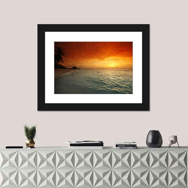 View Of Sea And Empty Beach With Palms On Sunset Canvas Wall Art-1 Piece-Framed Print-20" x 16"-Tiaracle