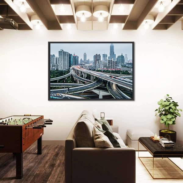 View Of Shanghai Viaduct Night Severe Traffic Congestion Canvas Wall Art-5 Horizontal-Gallery Wrap-22" x 12"-Tiaracle