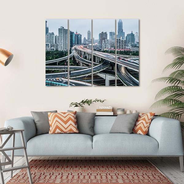 View Of Shanghai Viaduct Night Severe Traffic Congestion Canvas Wall Art-4 Horizontal-Gallery Wrap-34" x 24"-Tiaracle
