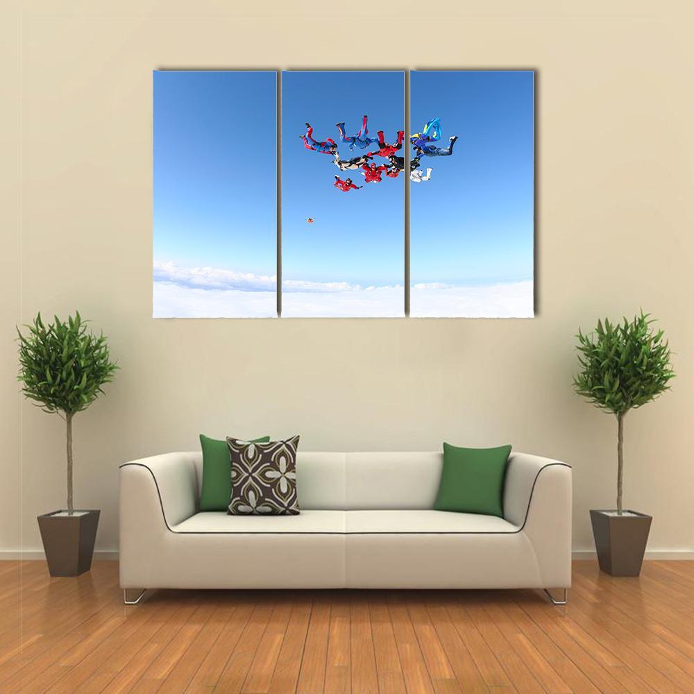 View Of Skydivers Under Blue Sky Canvas Wall Art-3 Horizontal-Gallery Wrap-37" x 24"-Tiaracle