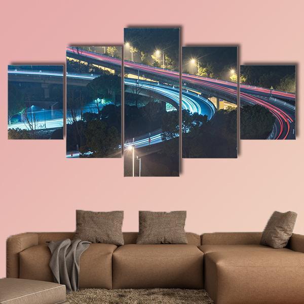 View Of Suzhou Overpass At Night In China Canvas Wall Art-5 Star-Gallery Wrap-62" x 32"-Tiaracle