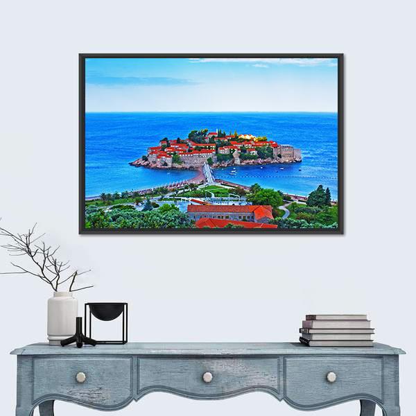 View Of The Island Of St. Stephen in Montenegro Canvas Wall Art-1 Piece-Floating Frame-36" x 24"-Tiaracle