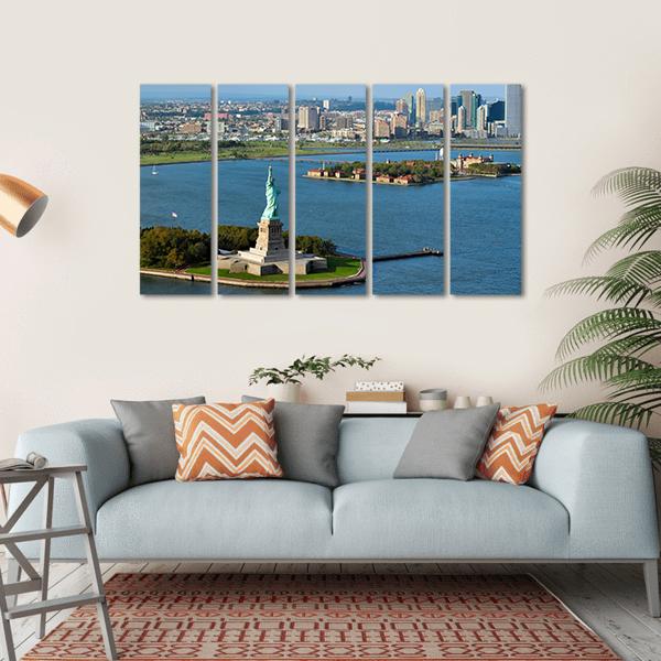 View Of The Statue Of Liberty And Manhattan Canvas Wall Art-5 Horizontal-Gallery Wrap-22" x 12"-Tiaracle