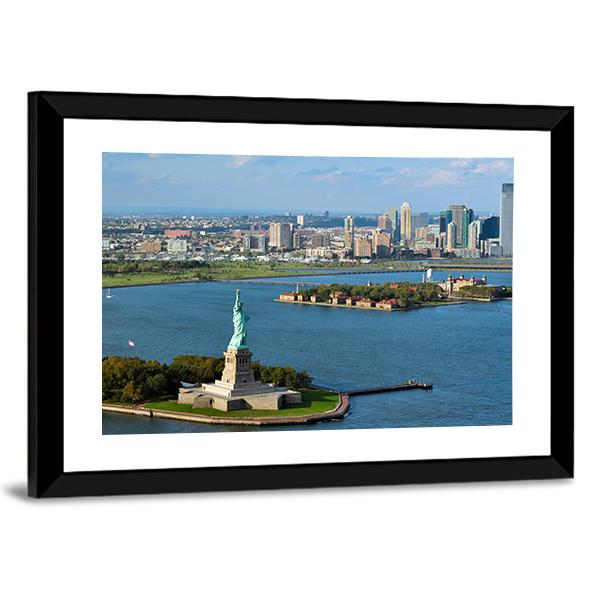 View Of The Statue Of Liberty And Manhattan Canvas Wall Art-3 Horizontal-Gallery Wrap-25" x 16"-Tiaracle