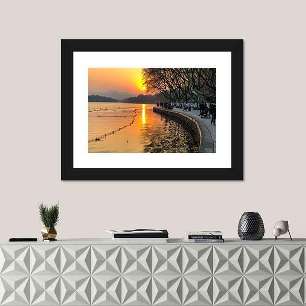 View Of The West Lake During Sunset Canvas Wall Art-1 Piece-Framed Print-20" x 16"-Tiaracle