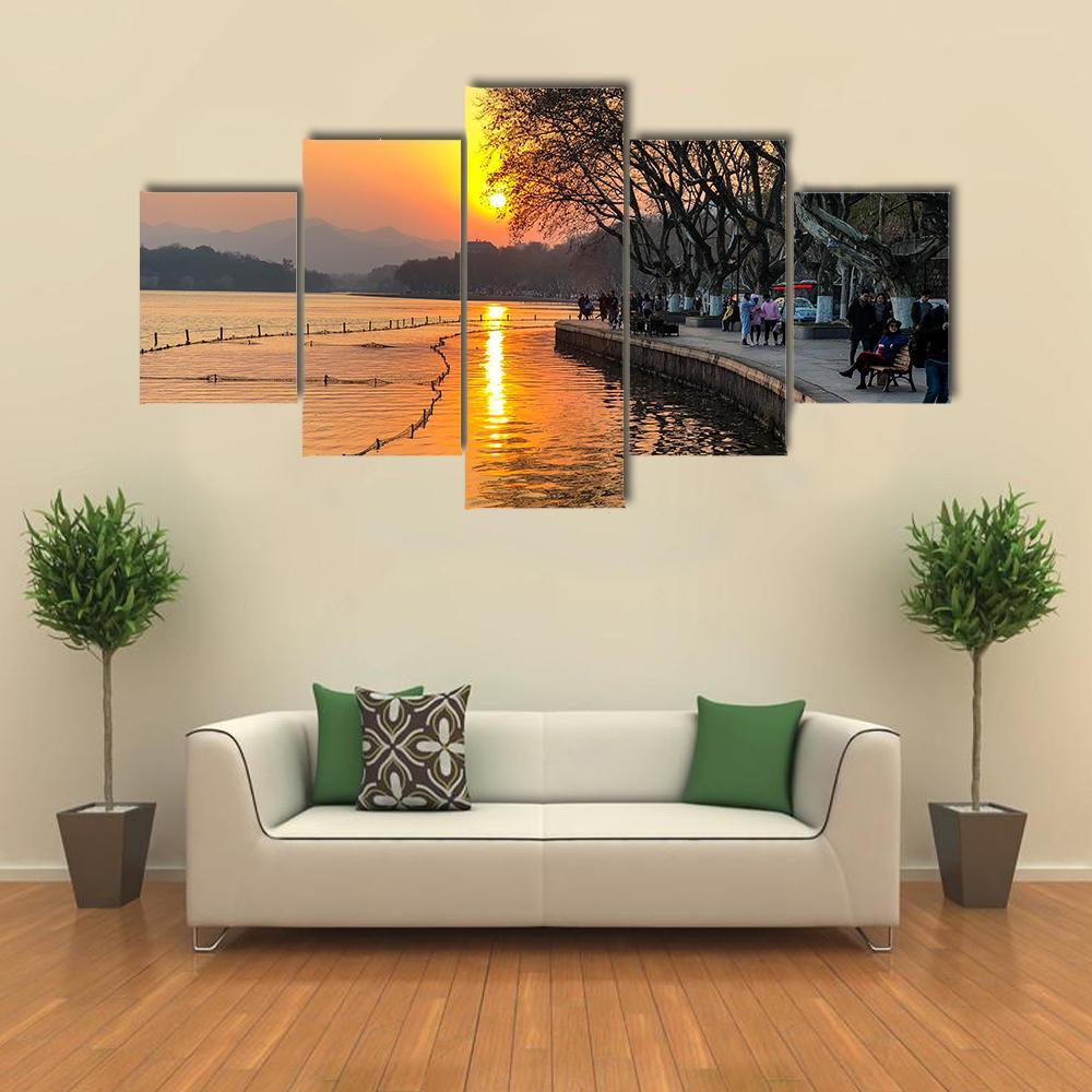 View Of The West Lake During Sunset Canvas Wall Art-5 Star-Gallery Wrap-62" x 32"-Tiaracle