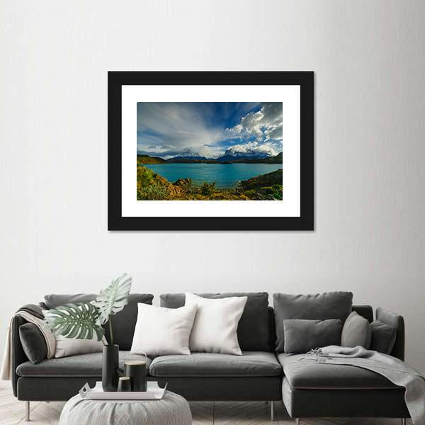 Torres Mountains From Lake Canvas Wall Art-1 Piece-Framed Print-20" x 16"-Tiaracle