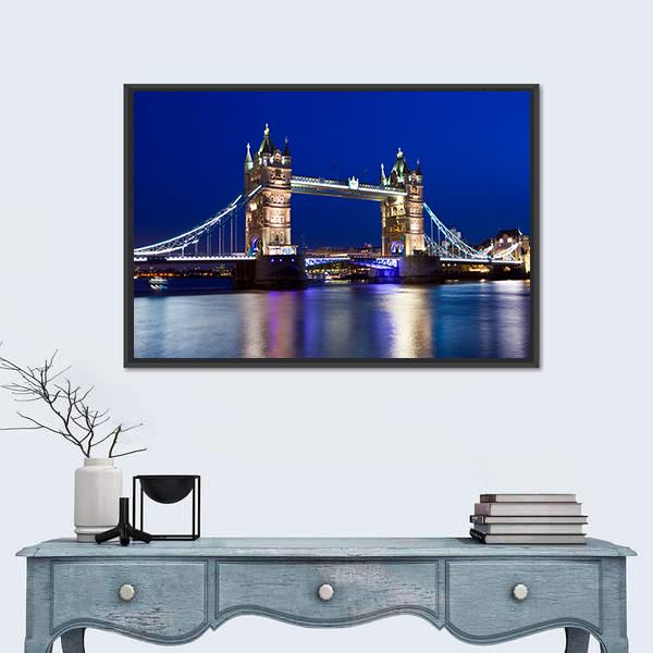 View Of Tower Bridge In London At Night Canvas Wall Art-1 Piece-Floating Frame-24" x 16"-Tiaracle