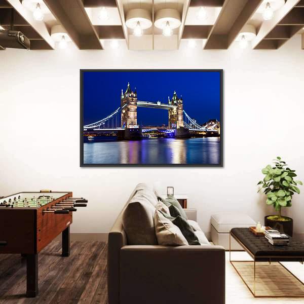 View Of Tower Bridge In London At Night Canvas Wall Art-3 Horizontal-Gallery Wrap-25" x 16"-Tiaracle