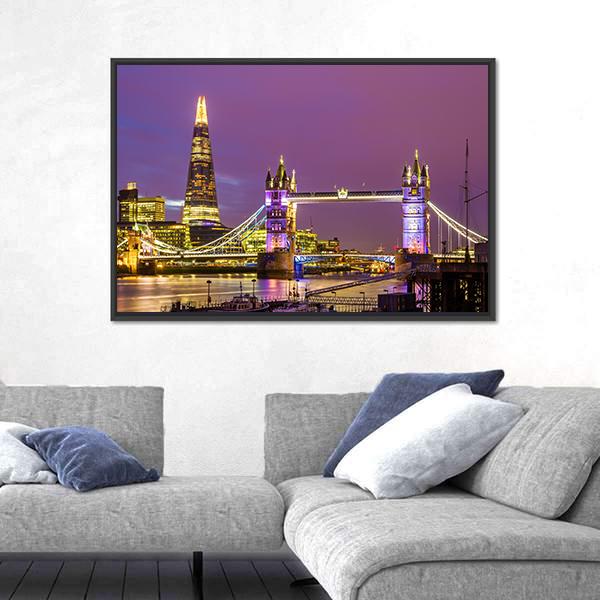 View of Tower Bridge In The Evening London Canvas Wall Art-5 Horizontal-Gallery Wrap-22" x 12"-Tiaracle
