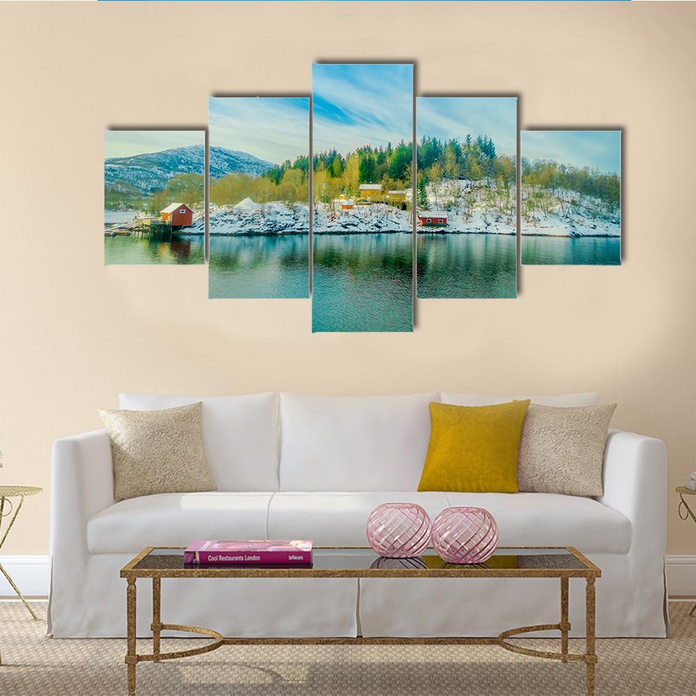 View Of Wooden Houses In A Coastal Scene Canvas Wall Art-5 Star-Gallery Wrap-62" x 32"-Tiaracle