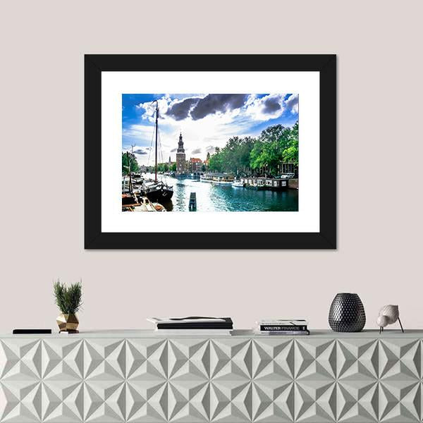 View On Canal And Traditional Buildings In Amsterdam Canvas Wall Art-1 Piece-Framed Print-20" x 16"-Tiaracle