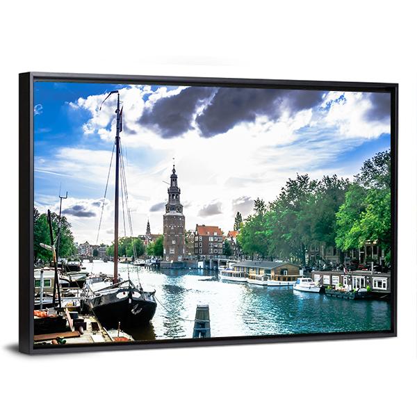 View On Canal And Traditional Buildings In Amsterdam Canvas Wall Art-3 Horizontal-Gallery Wrap-25" x 16"-Tiaracle
