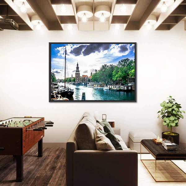 View On Canal And Traditional Buildings In Amsterdam Canvas Wall Art-3 Horizontal-Gallery Wrap-25" x 16"-Tiaracle